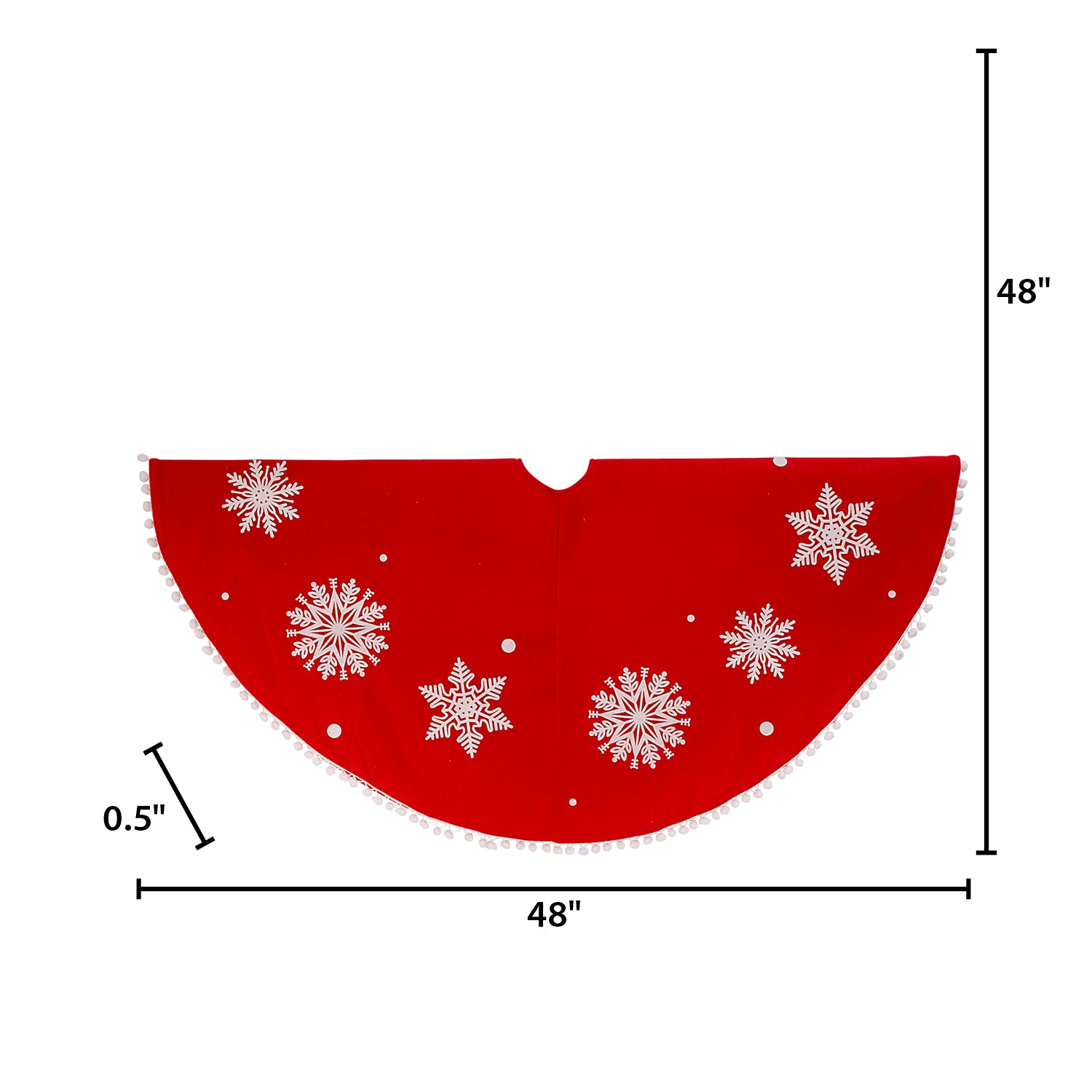 Red and White Snowflake Christmas Pompoms Tree Skirt, Velvet